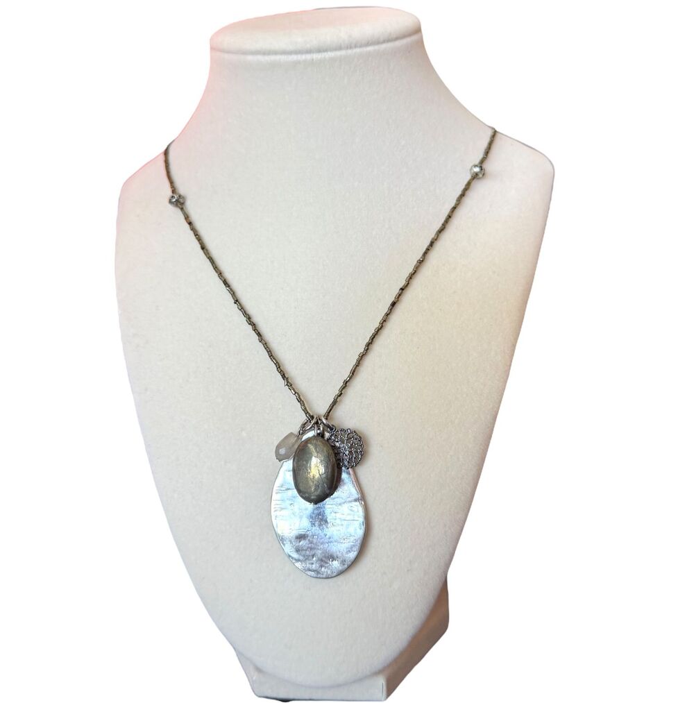 J Jill Necklace Silver Tone Charm Pendant Beaded Chain 16" Boho Artisan Coastal - Picture 2 of 10
